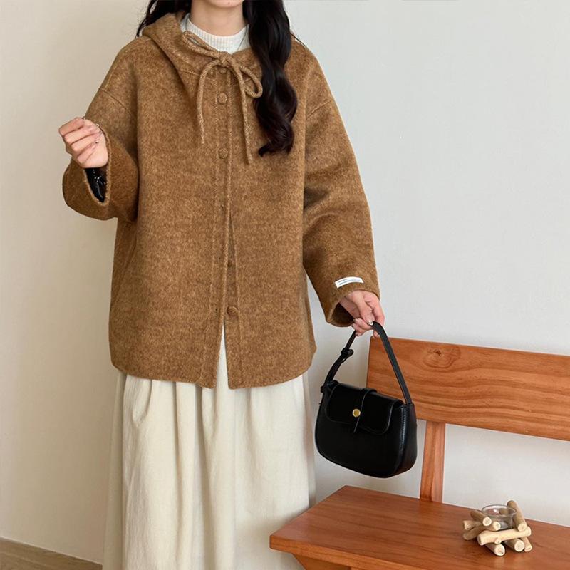 

Autumn and winter hooded double-sided wool coat women s Han Fan bow age-reducing medium and long loose S