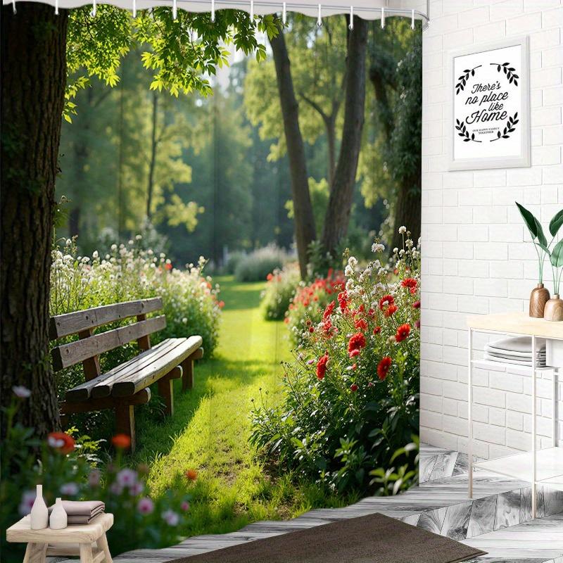 1pc Shower Curtain - Serene Garden Path with a Wooden Bench Amidst Lush Greenery and Vibrant Flowers, Perfect for Bathroom