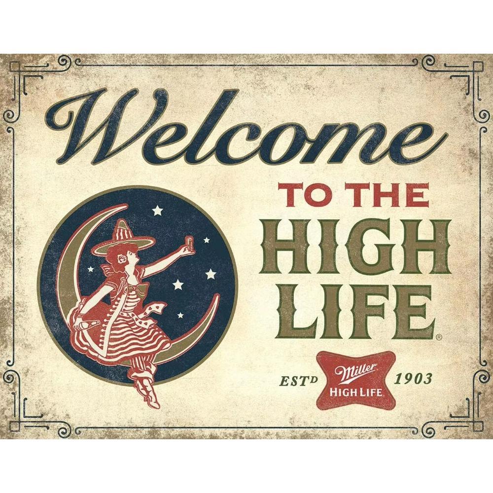 Desperate Enterprises Welcome To the High Life Miller High Life Tin Sign Nostalgic Vintage Metal Wall Art Decor for Home Room