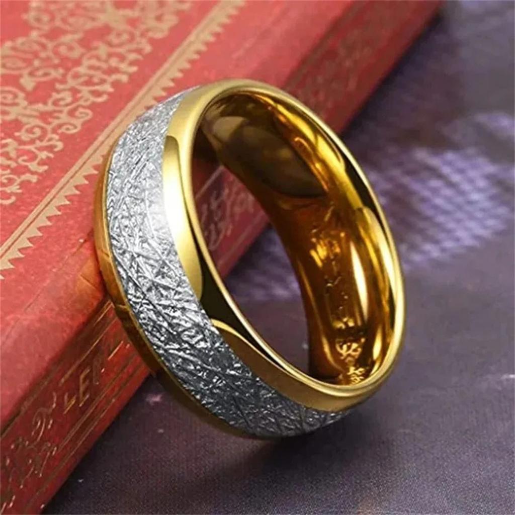 Luxury 8mm Gold Color Men Stainless Steel Wedding Rings Inlay Meteorites Engagement Rings For Men Party Jewelry Drop Shipping