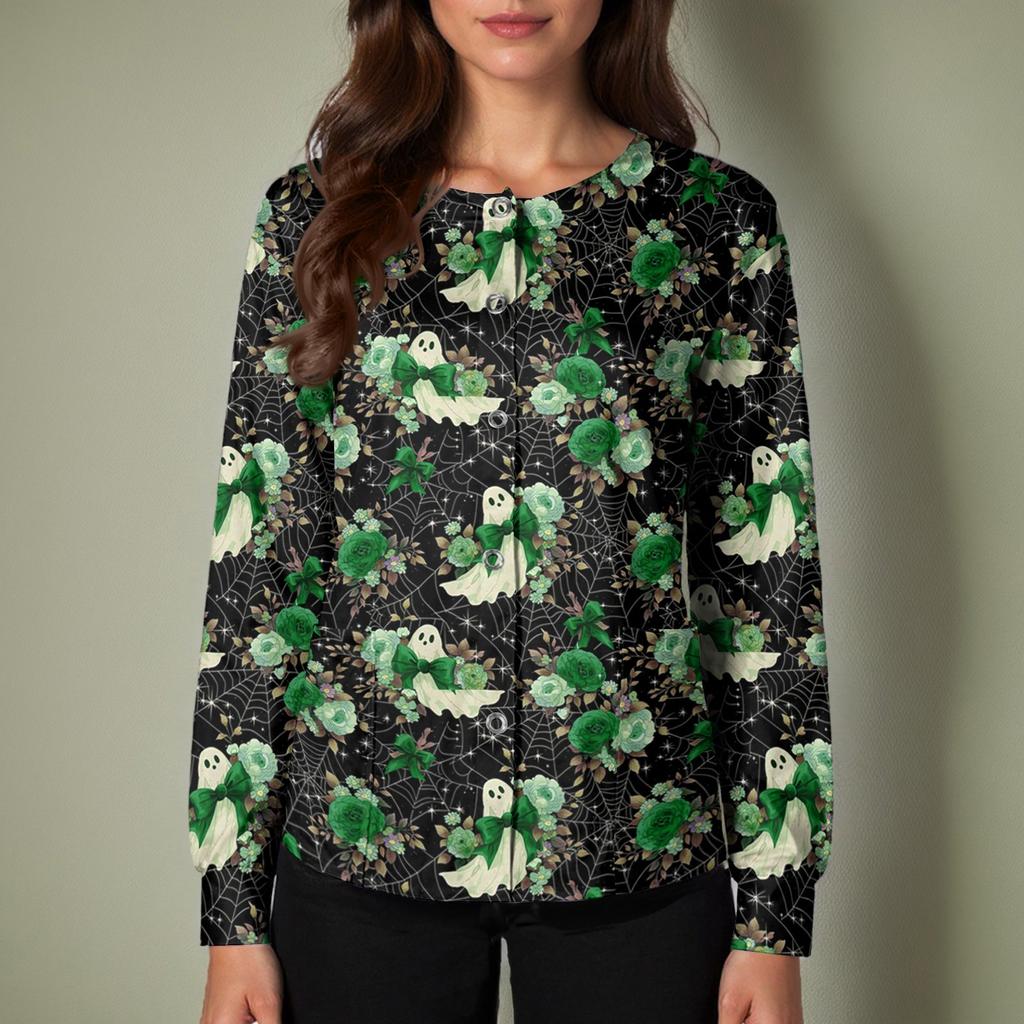 Women's Casual Long Sleeve Single-Breasted Cardigan with Halloween Print