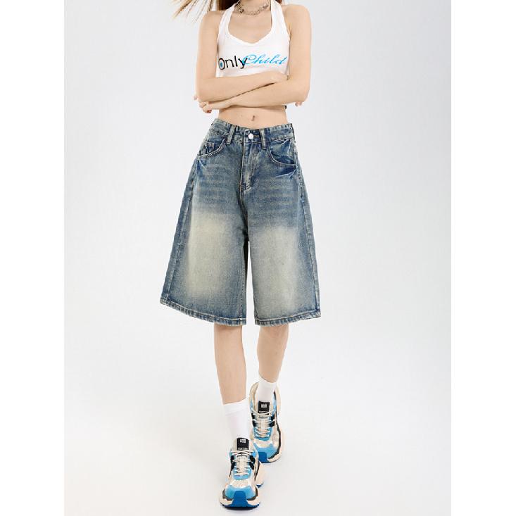 Women Casual Shorts Baggy Streetwear Knee Length Denim Short Pants Summer Fashion Daily Wide Leg Short Jeans