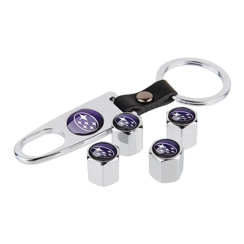 Car Tire Rim Valve Caps with Keychain Wheel Accessories for Subaru Forester XV Tribeca Outback Impreza Legacy STI WRX BRZ