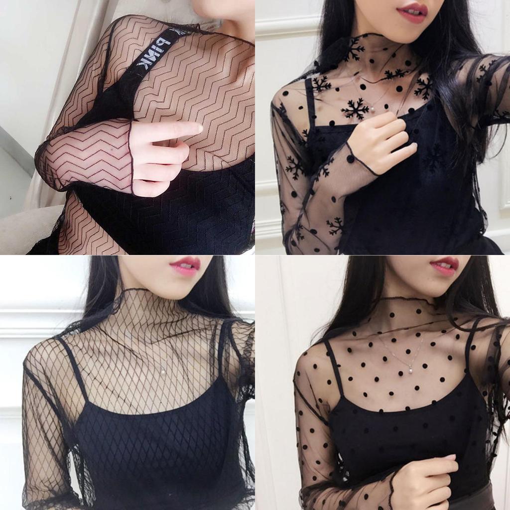 Women Mesh Top With Nylon Fabric Long Sleeve Sheer Lace Shirt For Spring Summer Fashion
