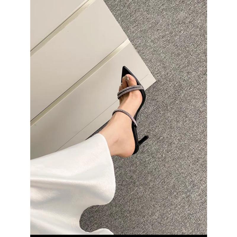Fashion 2025Sexy High Heels Slippers Rhinestone Dress Party Shoes Summer Mules Thin Heels Runway Slippers Crystal Sandals Woman