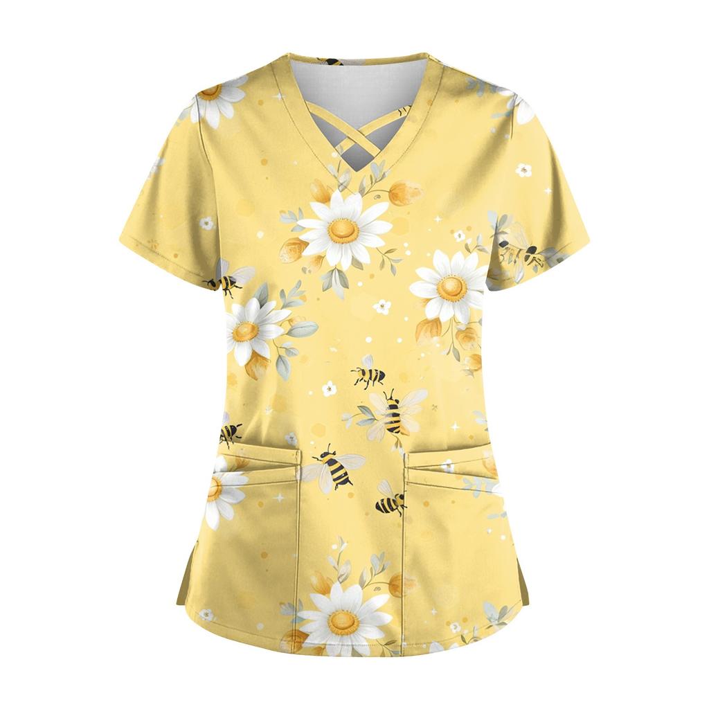Women's Short Sleeve Stagger V Neck  Print Pocket Dry-nurse Top