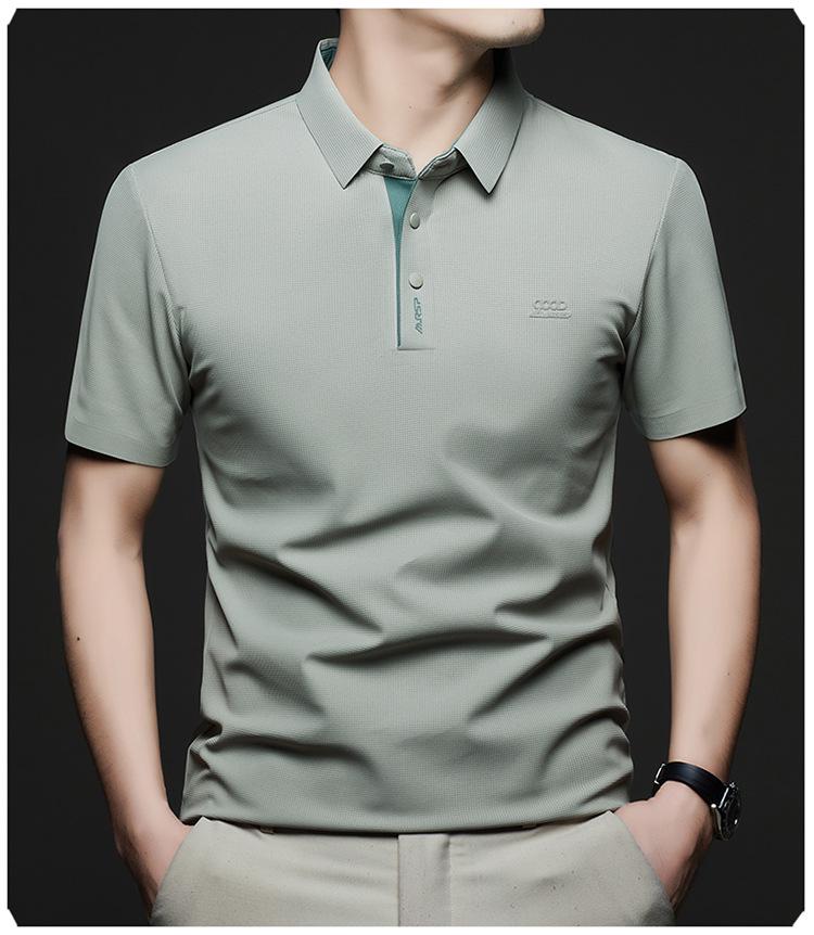 Men's 2026 Summer Ice Silk Elastic Polo Shirt: Seamless Short Sleeve Business Casual Lapel T-shirt