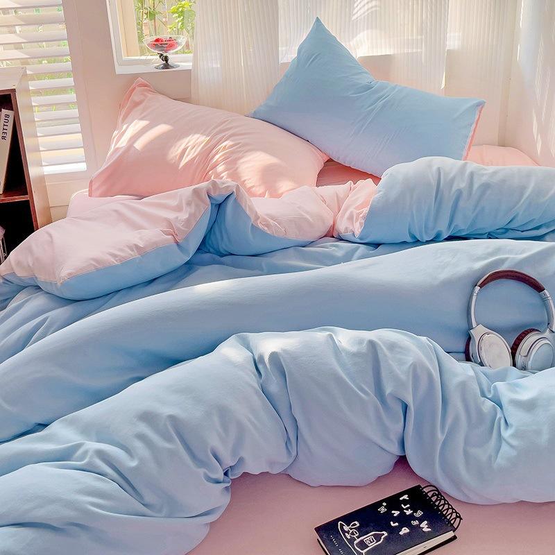 Class A Maternal And Infant Grade Solid Color Four-Piece Set Washed Cotton Double Quilt Cover Dormitory Bed Sheet 3Pcs Set Bed Hat Quilt Cover
