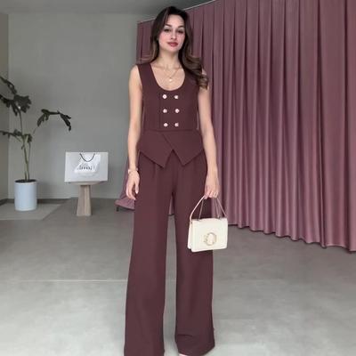 2025 Summer European & American Women's Sleeveless Waist-Cinching French Style Vest and Pants Set
