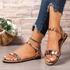Fashion 2025 New Summer Sandals Women's Round Toe Open Toe Patent Leather One-Strap Wear Soft Sole Non-Slip Plus Size Flats