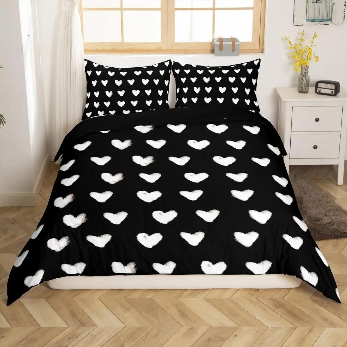 Red Heart Duvet Cover Queen Love Heart Pattern White Comforter Covers Set Cute Print 2/3 Pieces Bedding Set With Zipper Closure 135x200cm