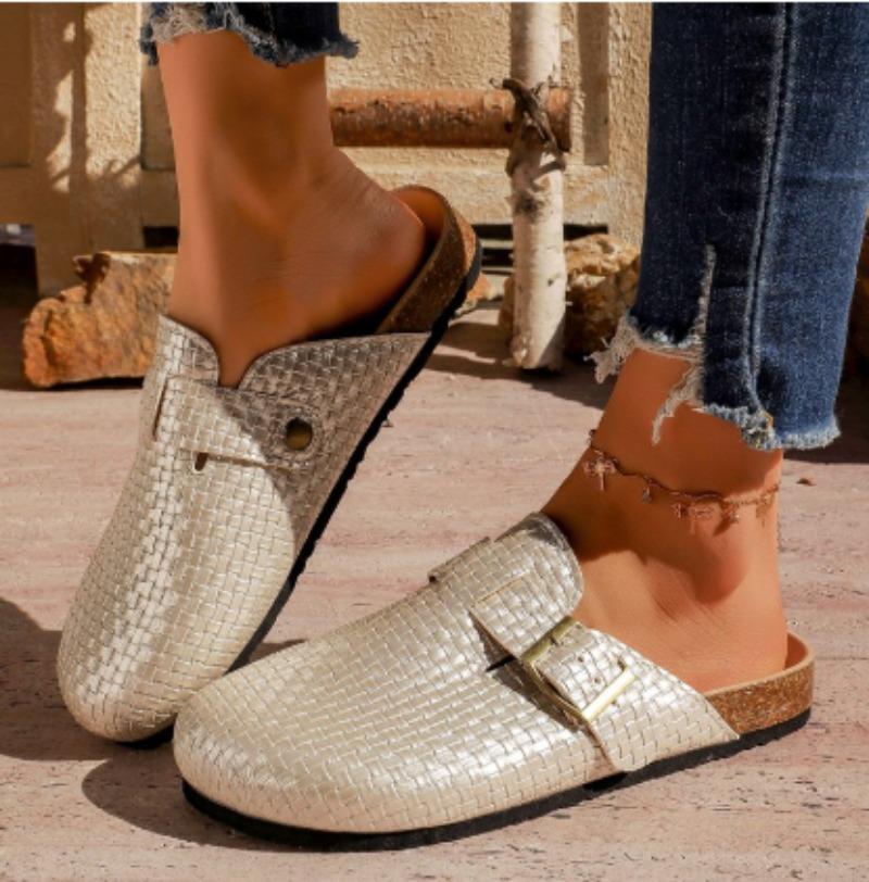 Fashion Gold Woven Buckle Clogs for Women 2026 Summer Closed Toe Cork Sole Mule Shoes Woman Non-slip Flat Heels Half Slippers