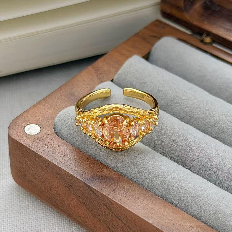 Medieval Vintage Pink Zircon Colored Treasure Open Ring Niche Light Luxury High Sense Stacked With Diamond Rings Woman