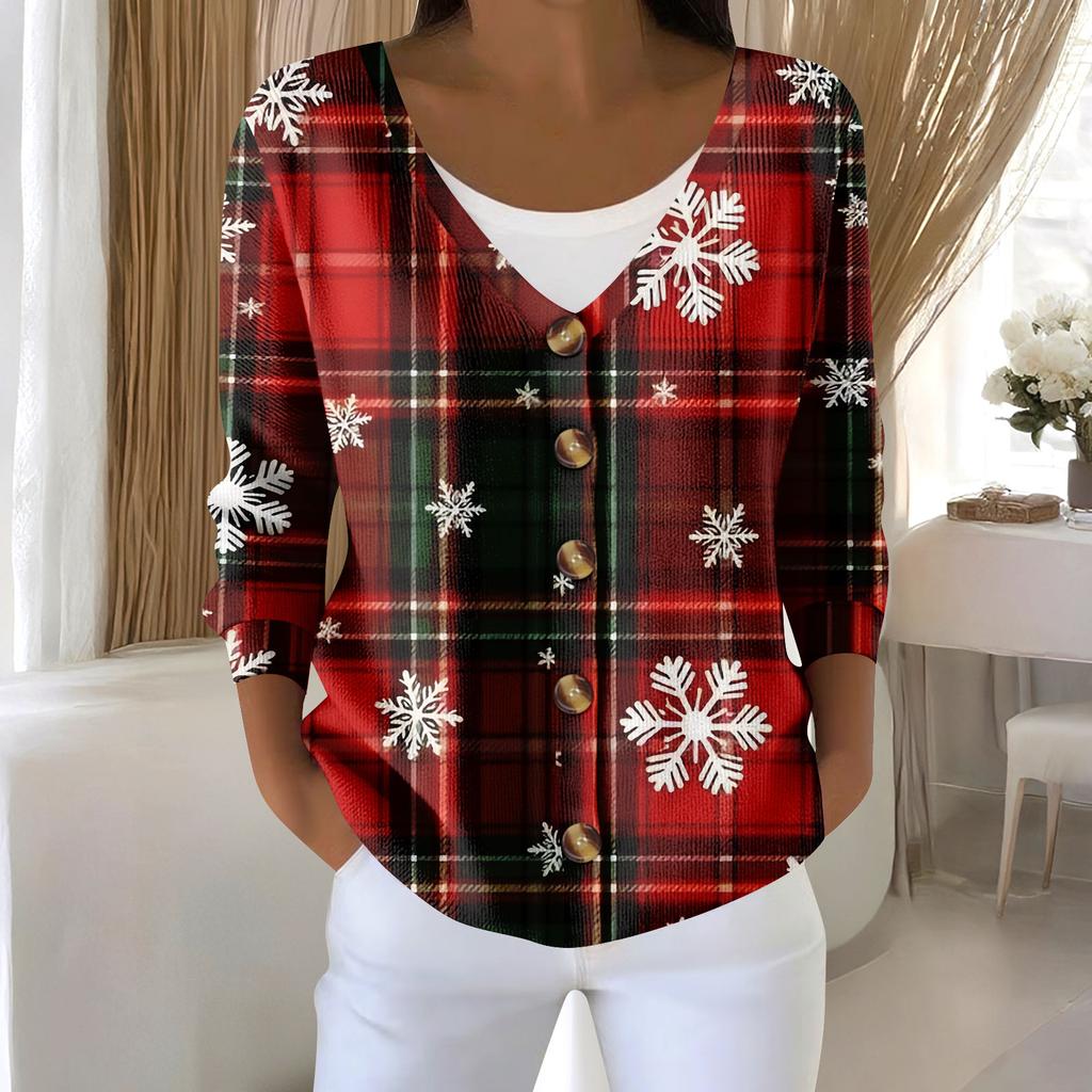 Damemote Langermet Christmas Snowman Snowflake Print Jakke Cardigan