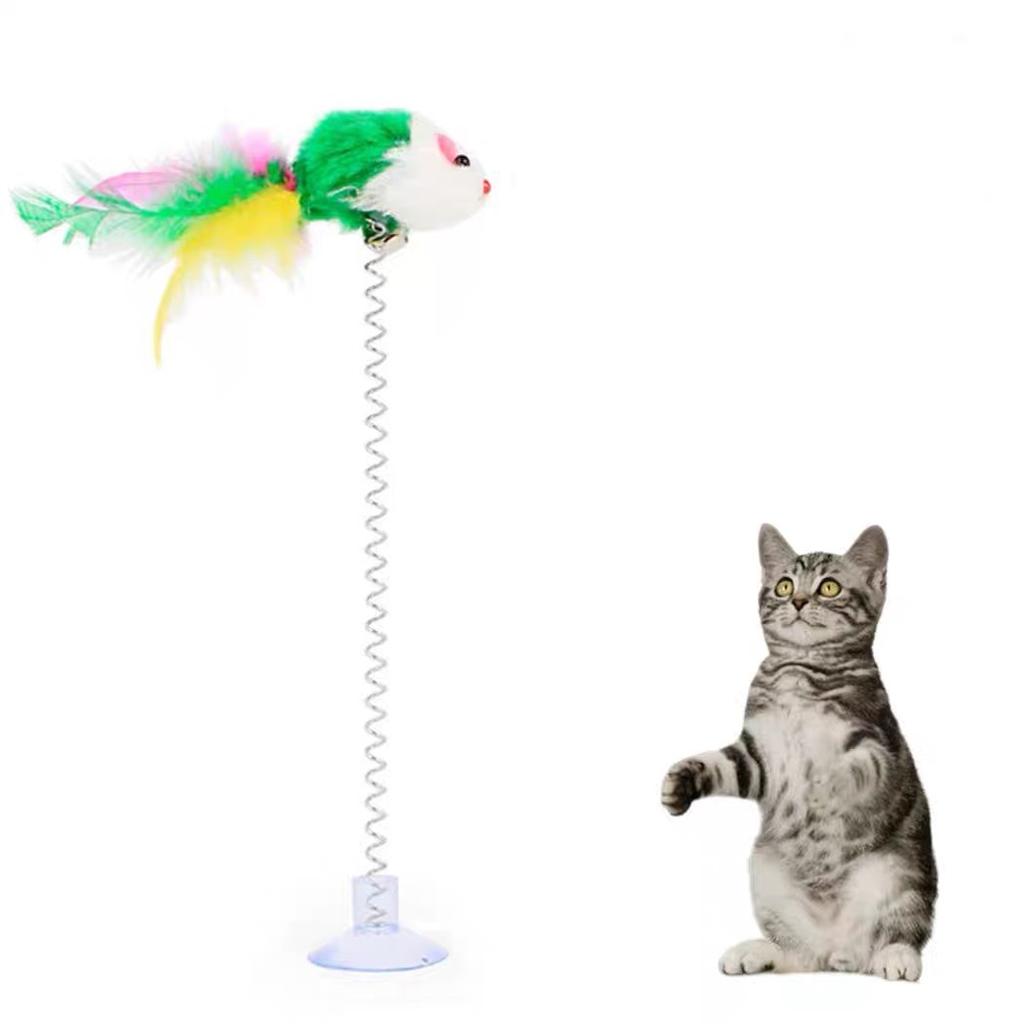Interactive Swinging Cat Toy With Suction Cup Spring Feather Mouse Bell For Kittens Adult Cats Fun Pet Play Toy Reduce Boredom