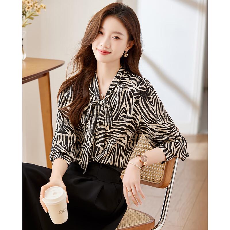 Trolman Women s Zebra Stripe Chiffon Long-Sleeve Shirt L