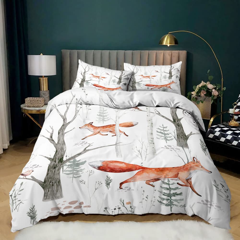 Girls Cartoon Fox Duvet Cover Set Cute Fox Bedding Set Kawaii Animals Comforter Cover Botanical Floral Bedspread Cover Full Size