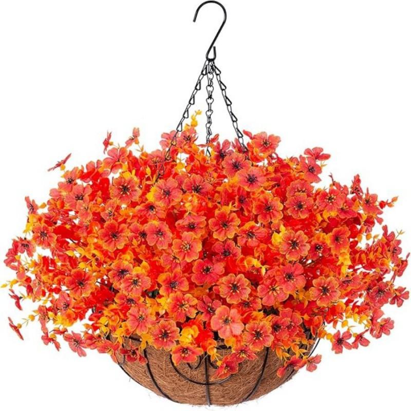 Artificial Violet Flower Hanging Basket With Iron Frame Coconut Fiber Liner Outdoor Garden Decor