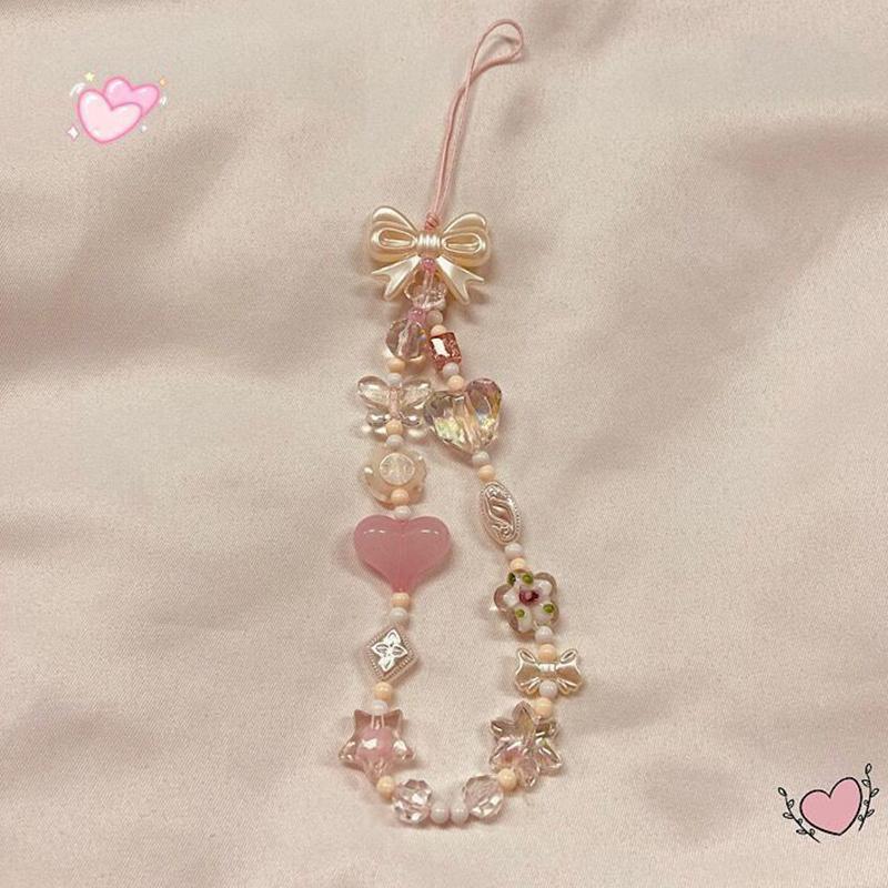 Cute Pink Cherry Blossom Love Bow Beads Mobile Phone Chain Lanyard Keychain Pendant Sweet Charm Girly Bag Hanging Ornaments Gift