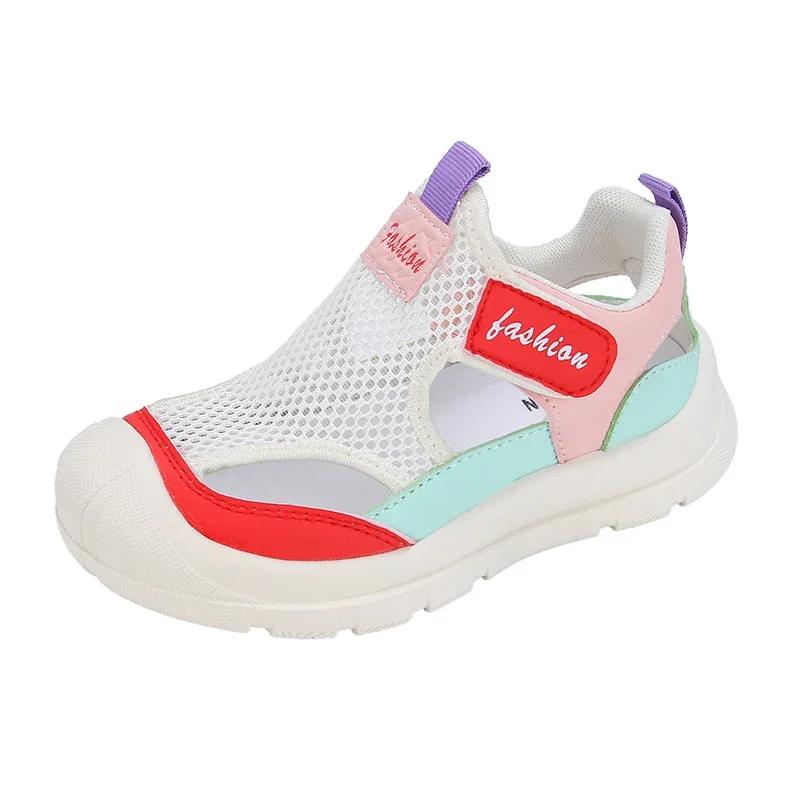 

Children Beach Shoes 2024 Summer New Girls Mesh Tennis Shoes Boys Hollow Breathable Sports Sandals for Vacation Wear-resistant 26 розовый