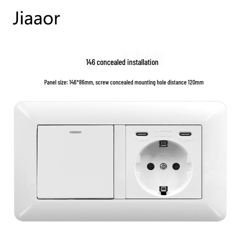 16A White German-Style Double Gang Wall Socket Panel with USB & Type C, European Standard.