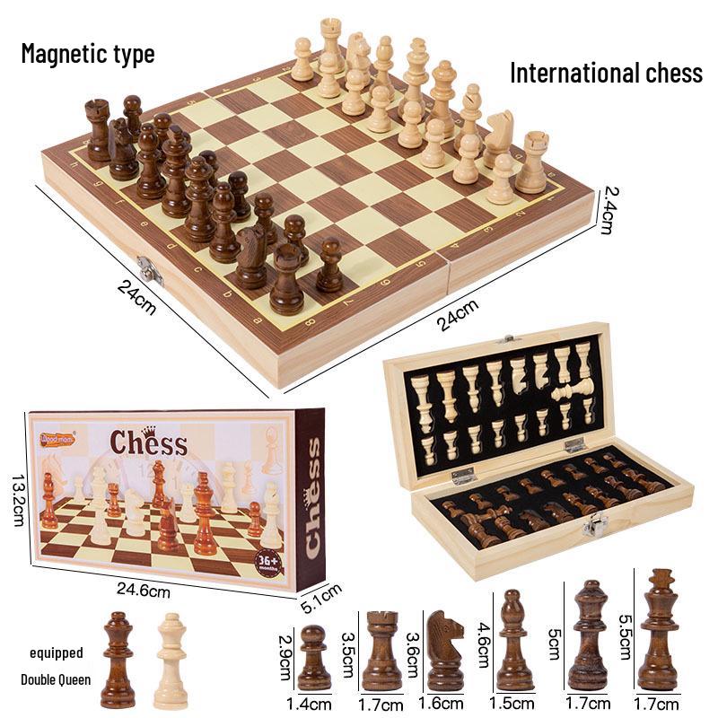 Solid Wood Magnetic Folding Chess Set with Double Queens for Students and Children.