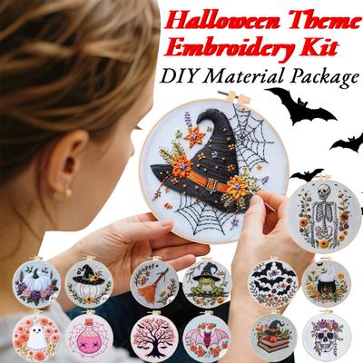 Halloween Embroidery Starter Kit Ghost & Gothic Stamped Cross Stitch Kits with Pattern & Embroidery Hoops for Adults & Beginners