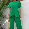 Casual Solid Suit Women Fashion Round Neck Short Sleeve Irregular Split Top Elastic Waist Trousers Two Piece Set