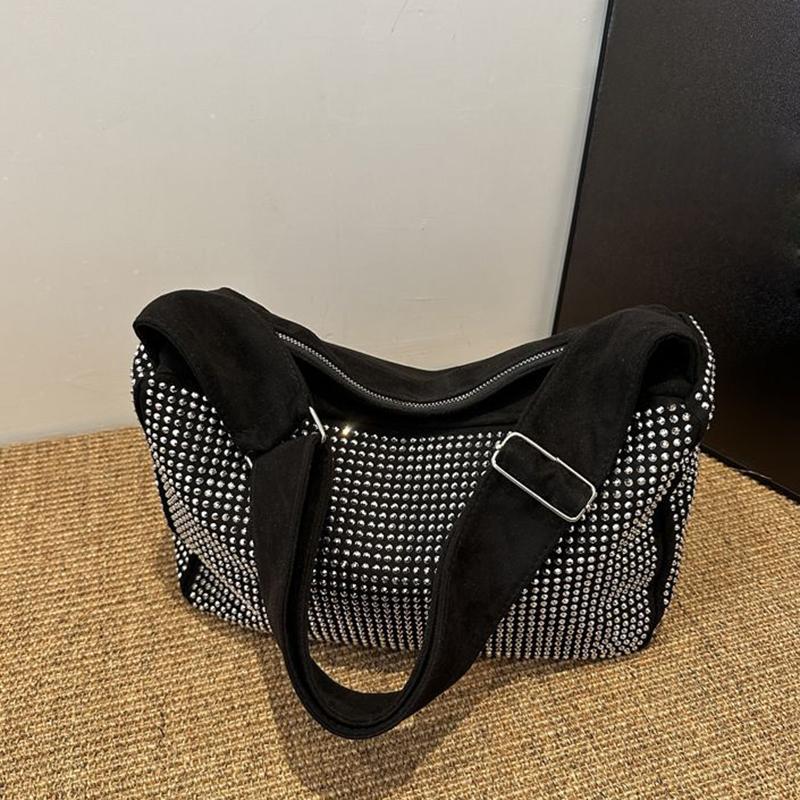 Yogodlns Fashion Rhinestone Shoulder Bag For Women Large Capacity PU Leather Bling Crossbody Messenger Bags Designer Rivets Shopping Bag