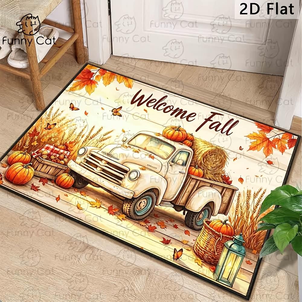 1pc Funny Autumn Harvest Vintage White Truck Suitable for Indoor/ Welcome Mat, Fall Maple Leaf Pumpkin Lantern Rug, Machine Washable Backing Floor Mat