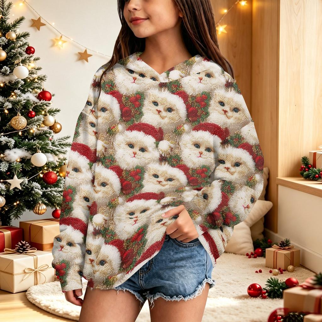 Blusão casual de lã polar para crianças com estampa de Natal e design com capuz