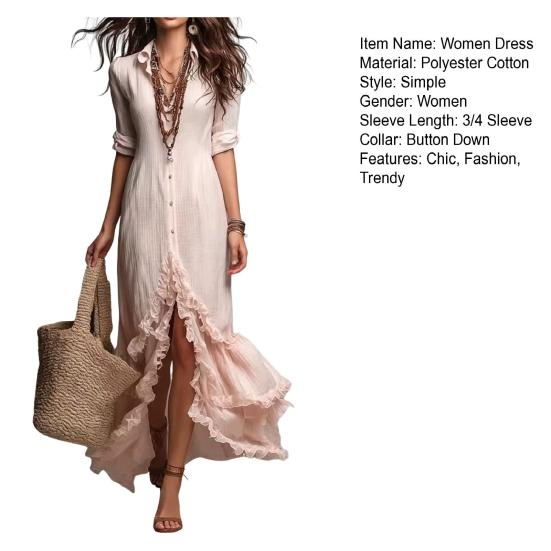 Women's 46085 Sleeve Button Dress Layered Down Maxi Ruffle