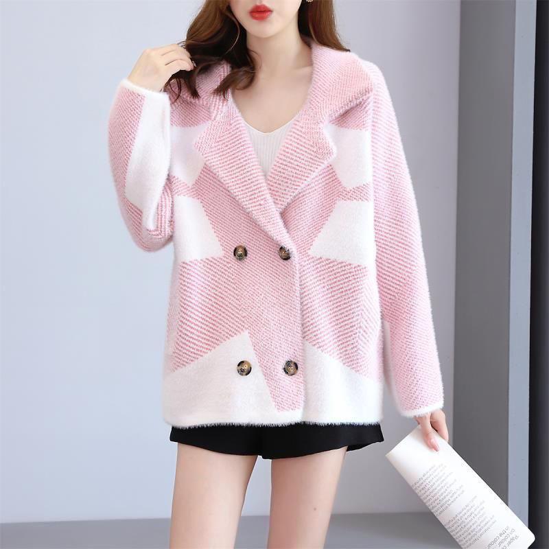 Women's Mink Fleece Coat Thickened Contrasting Faux Mink Fleece Knitted Cardigan Coat Plush Knitted Jacket