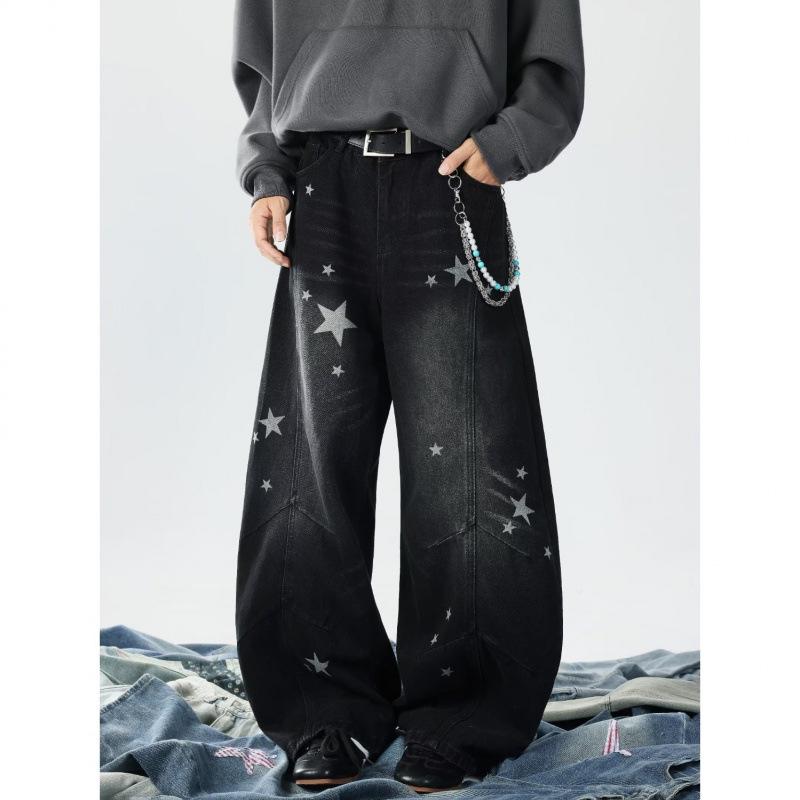 Unisex Retro Star Design Frayed Edge Wide Leg Jeans