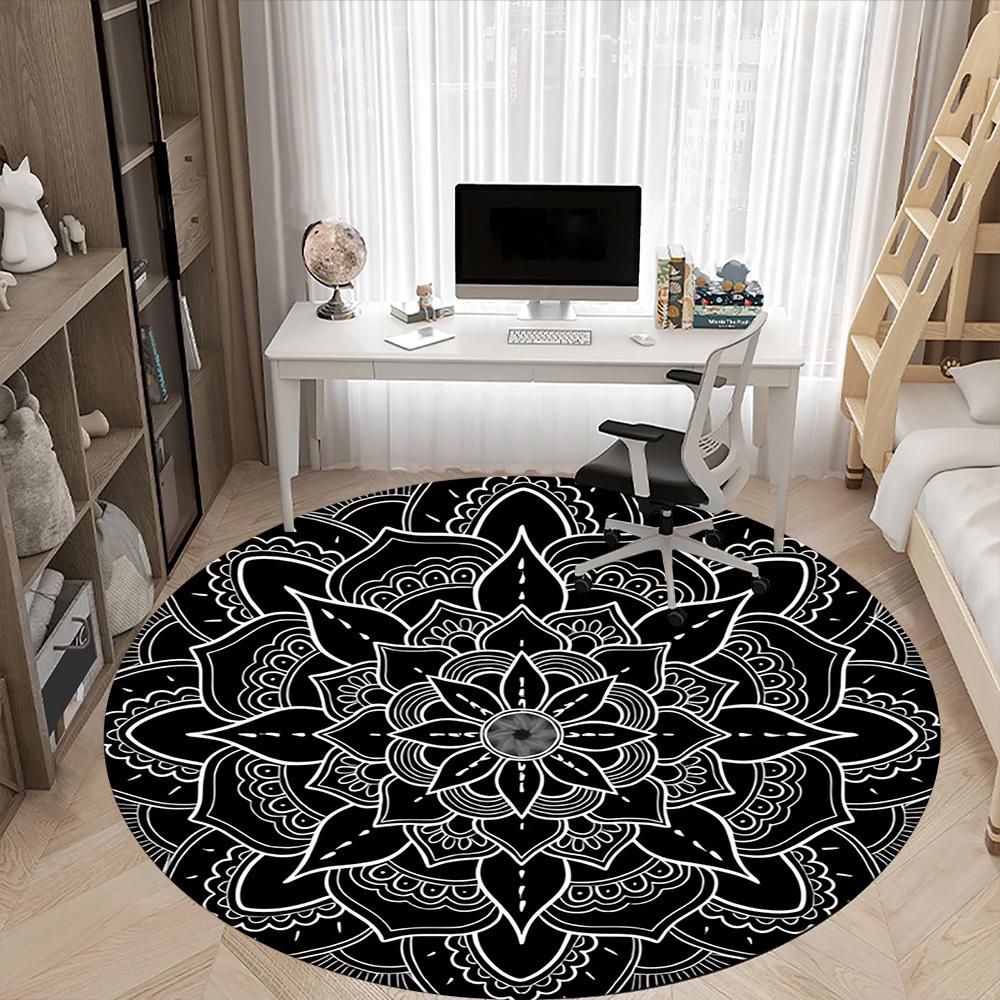 1pc Black Mandala Chair Carpet for Office, Round Non Slip Durable Large Size Office Carpet, Suitable for Office