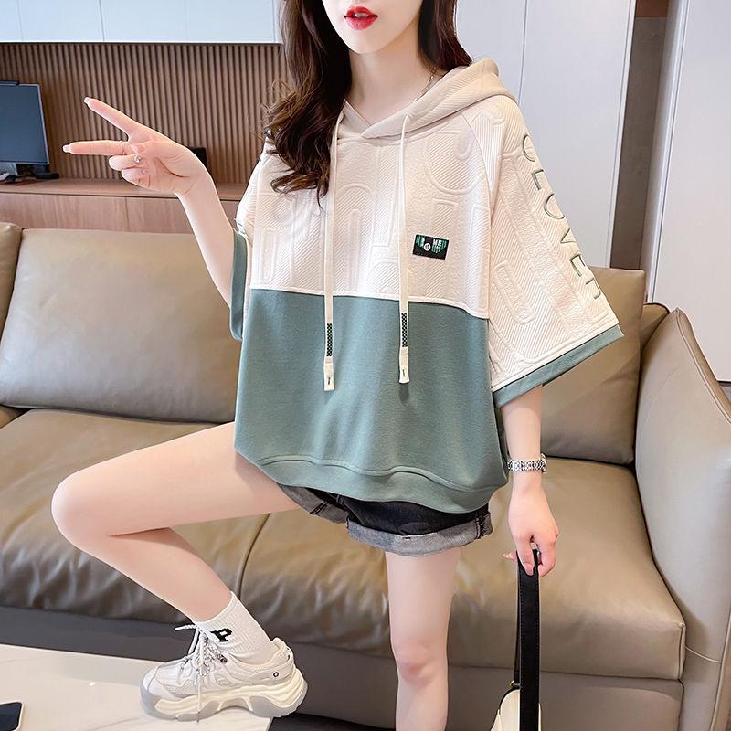 Dam Kortärmad Huvtröja Plus Size Patchwork T-shirts Koreansk Stil Lös Topp Oversized Sweatshirt