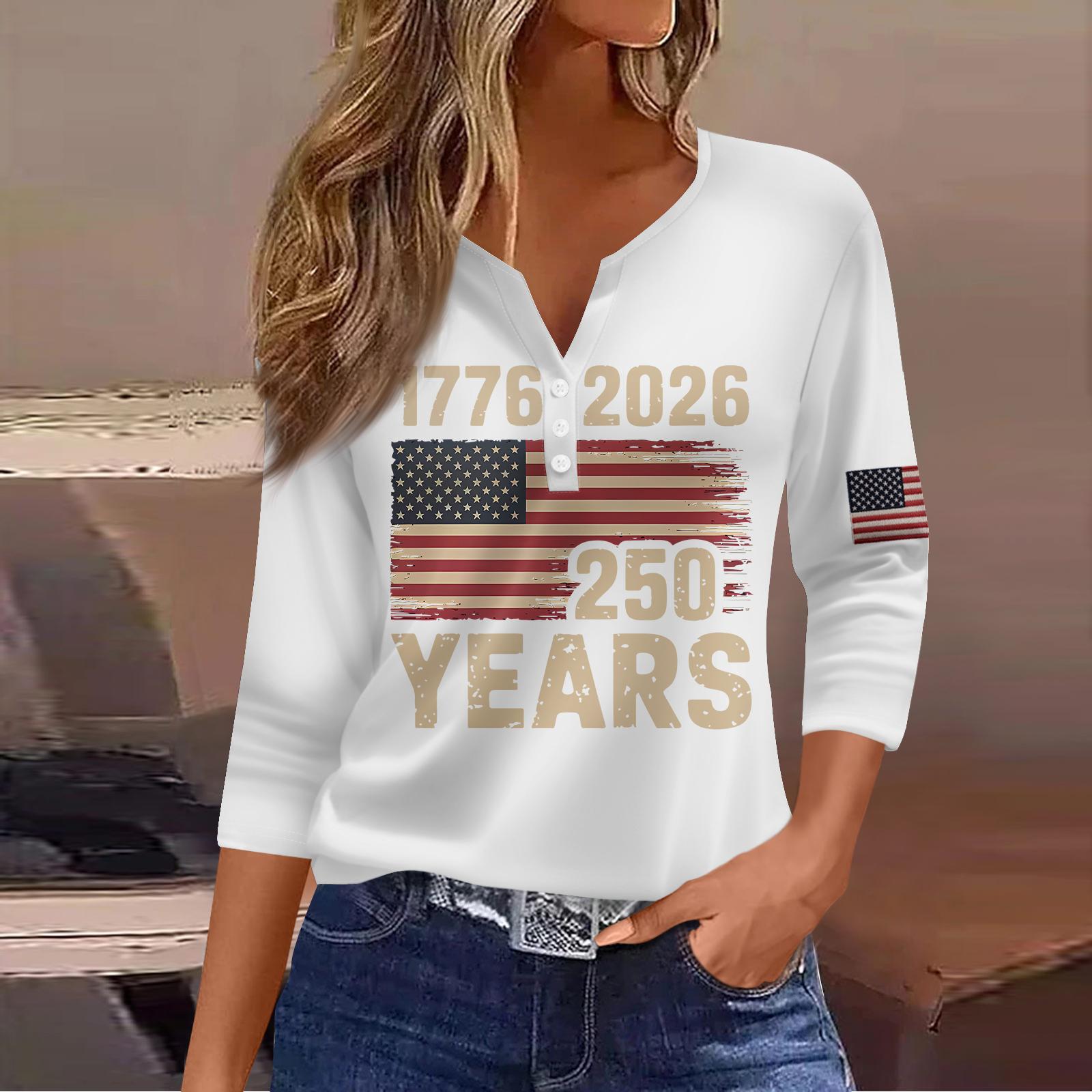 

Women s T Shirt Independence Day Print Button 3/4 Sleeve Daily Weekend Fashion Basic V- Neck Regular Top XL білий