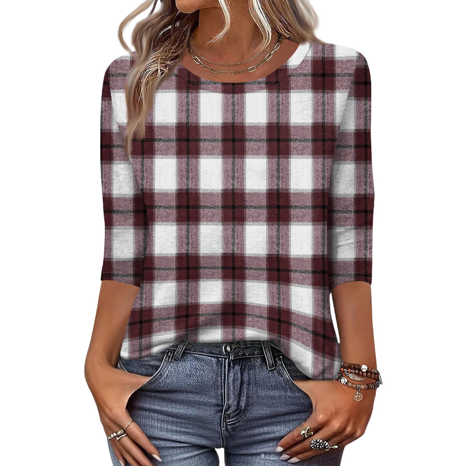 

Жіноча модна повсякденна вільна футболка з принтом і круглим вирізом з рукавом 3/4 XL винний