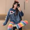 Autumn Winter Warm Flannel Women Pyjamas Sets Thicken Coral Velvet Long Sleeve Cute Cartoon Sleepwear Women's Flannel Pajamas Set for Youth Girl