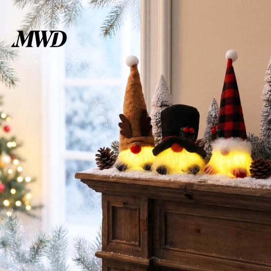 Winter Festival Decorations Christmas Gnome Figurine, Snowflake Knit Hat LED Light Up Rudolph Living Room Wall Decor Doll, Nordic Noel Plush Ornament