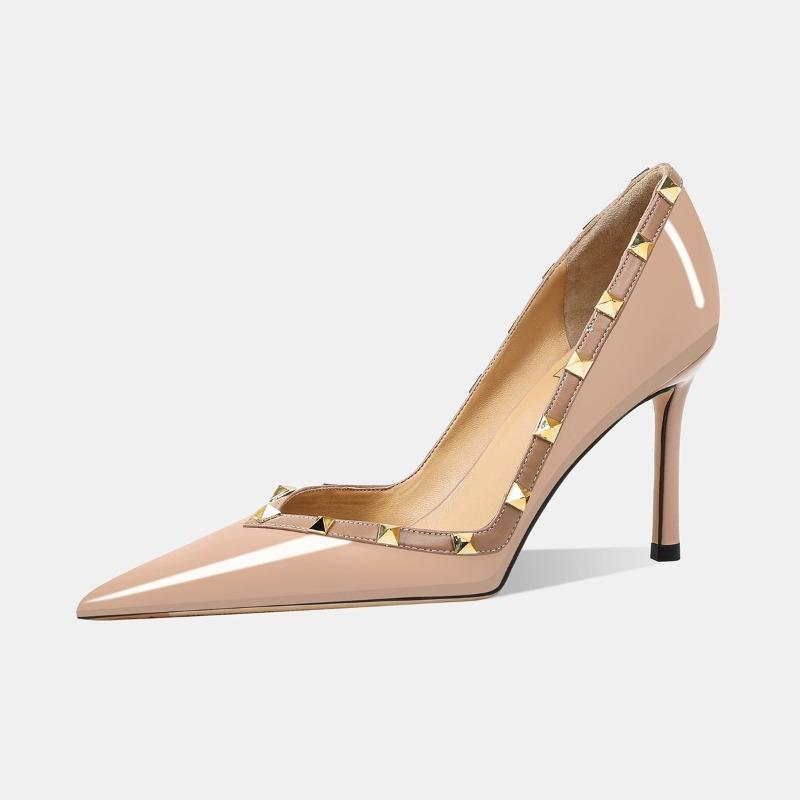 Super Hoher Absatz Nieten Stiletto Einzelne Schuhe Mode Spitze Patentleder Slip-On Niedrige Schuhe