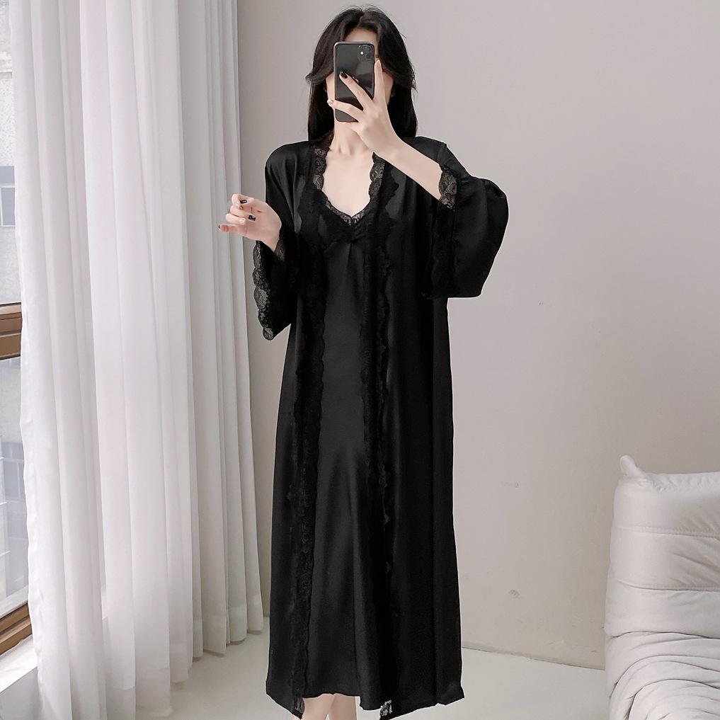 Ice Silk Long Sleeve Extra Long Robe with Chest Pad & Camisole Nightdress for Women