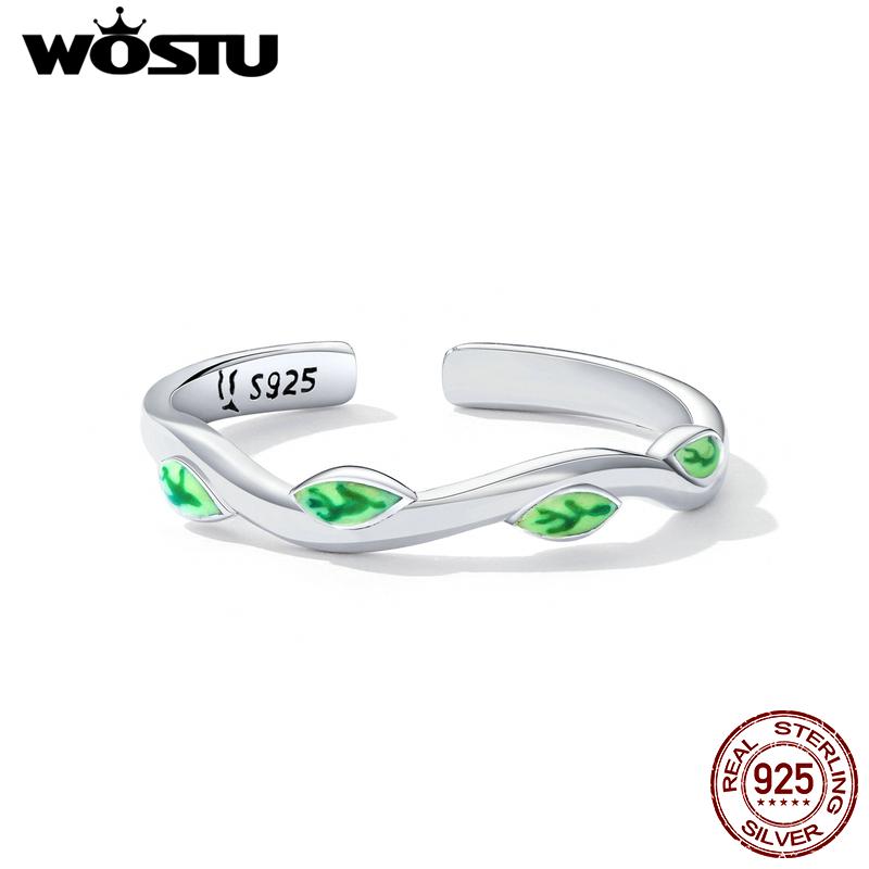 

WOSTU стерлингового серебра 925 пробы весенние зеленые листья ветки открытые кольца для женщин женские оригинальные ювелирные изделия 925 silver