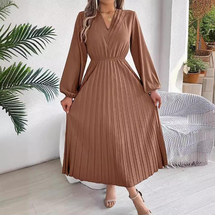 Abito Lungo da Donna a Maniche Lunghe Scollo a V Linea ad A Monocolore Pieghettato Vita Alta Primavera Estate