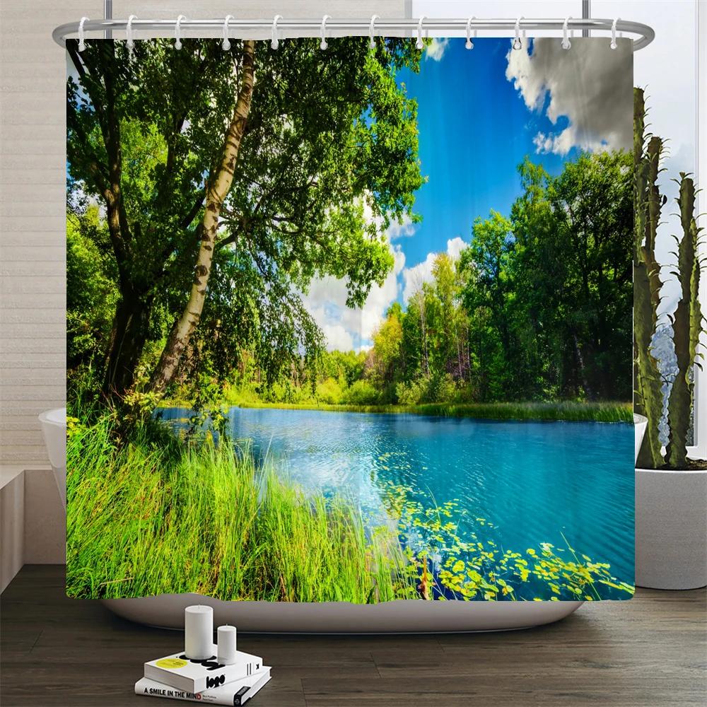 Wald Naturlandschaft Duschvorhänge Hochwertiger wasserdichter Duschvorhang Baumlandschaft Badezimmervorhang Polyesterstoff