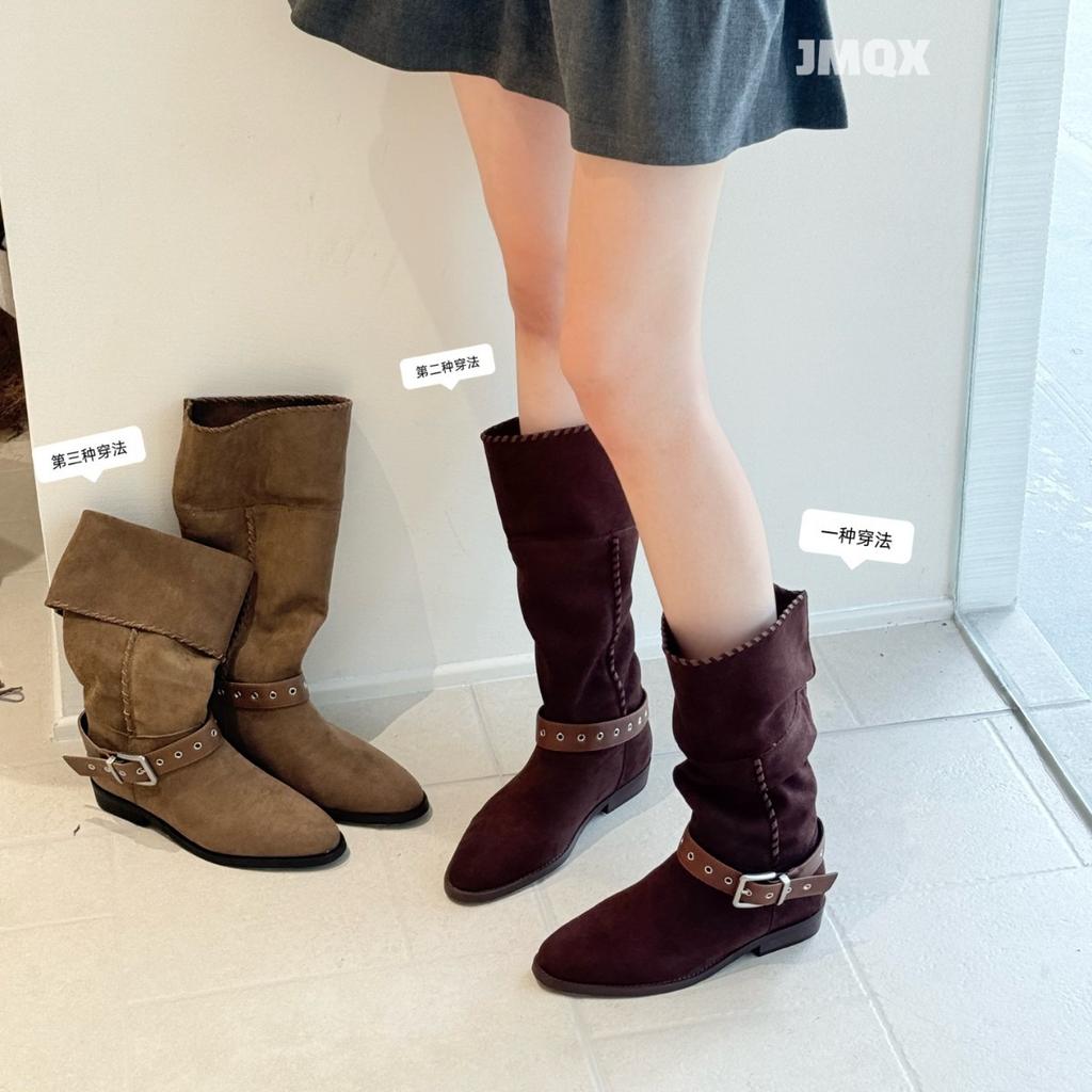 Leather stacking boots 2025 autumn and winter new thick heel buckle western cowboy british style knight boots casual boots