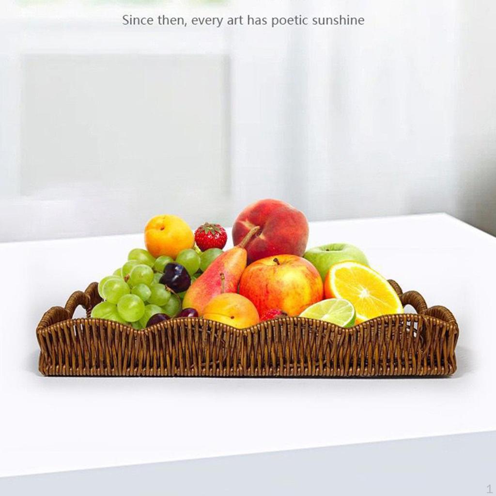 Hand Woven Imitation Rattan Serving Tray with Handles for Breakfast, Drinks, Snack Dining/Coffee