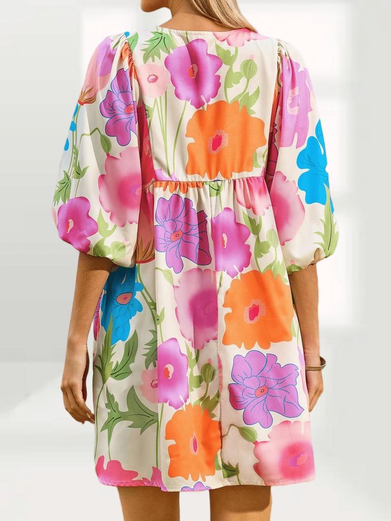 Women's Boho Floral Babydoll Dress V Neck Puff Sleeve Loose Summer Dress with Pockets