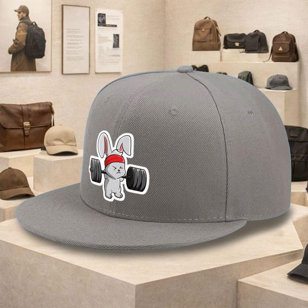 Weightlifting Rabbit Funny Graphic Print Flat Brim Baseball Cap Polyester Streetwear Snapback Hat Unisex