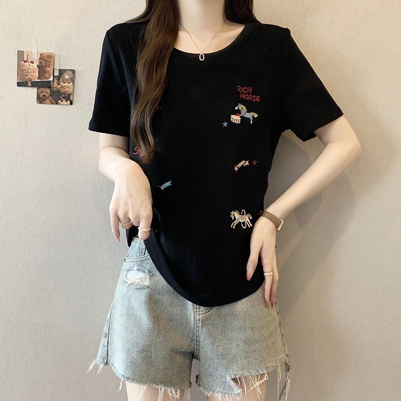 2026 Summer Plus Size Women's Sweet Cartoon Embroidery Round Neck T-Shirt
